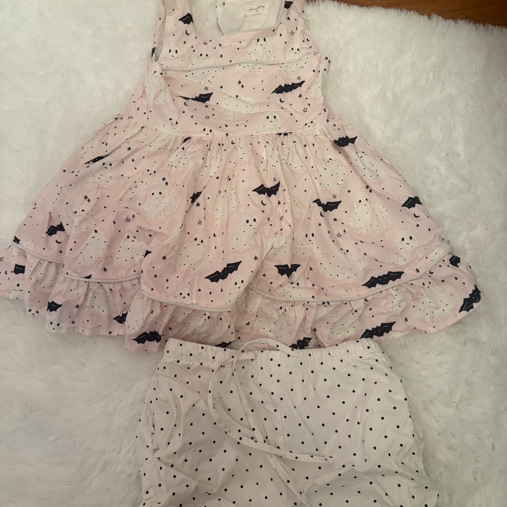 Pink Bat Print Tiered Dress with Polka Dot Bloomers